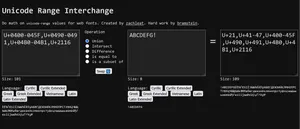 Интерфейс инструмента Unicode Range Interchange. Три текстовых поля. Первые два содержат заранее подготовленные диапазоны символов. Последнее поле содержит объединение этих диапазонов.